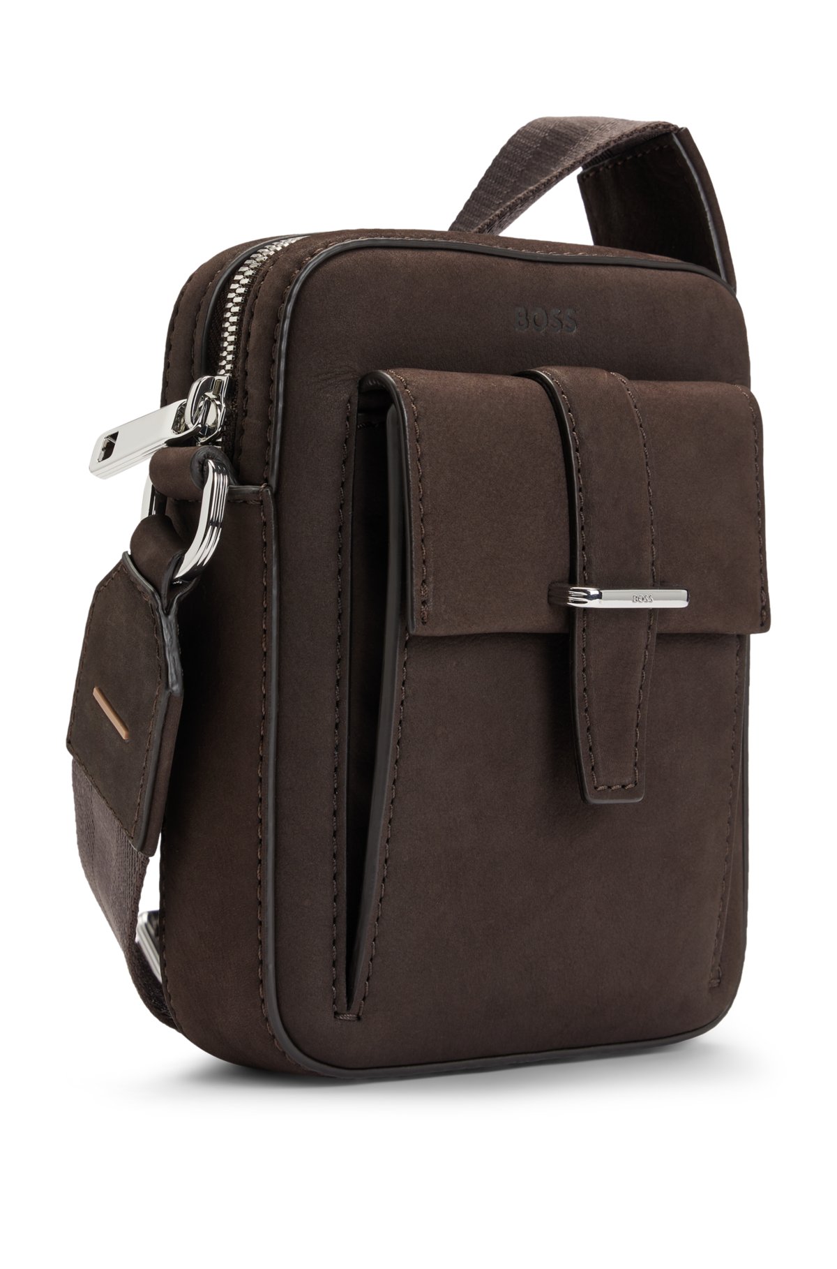 Leather reporter bag with branded trims, Dark Brown