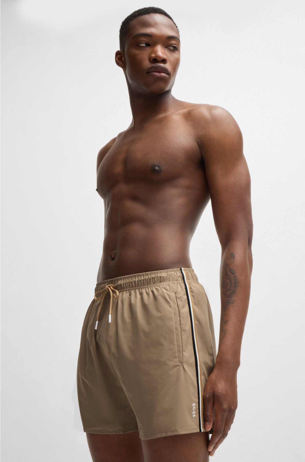 Fully lined swim shorts with signature stripe, Beige