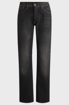 Jean droit en denim stretch confortable noir d&eacute;lav&eacute;, Noir