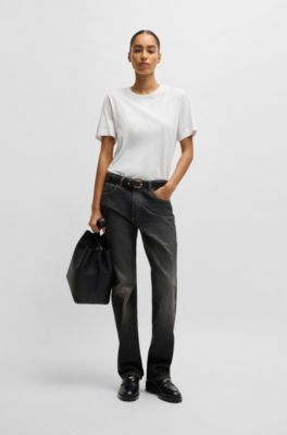 Vaqueros de corte recto en c&oacute;modo denim el&aacute;stico negro deste&ntilde;ido, Negro