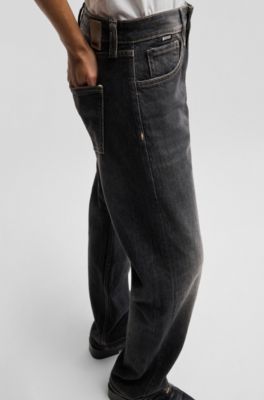 Straight-fit jeans in faded-black comfort-stretch denim, Black