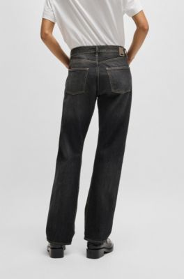 Straight-fit jeans in faded-black comfort-stretch denim, Black