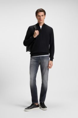 Zip-neck sweater in virgin wool, Black