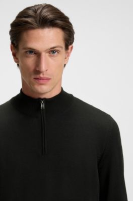 Zip-neck sweater in virgin wool, Black