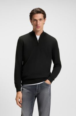 Zip-neck sweater in virgin wool, Black