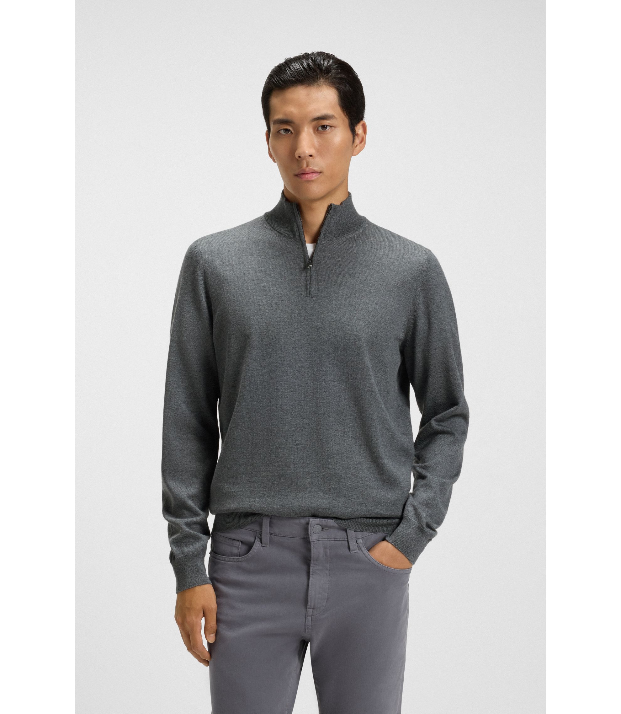 BOSS - Zip-neck sweater in virgin wool - Grey
