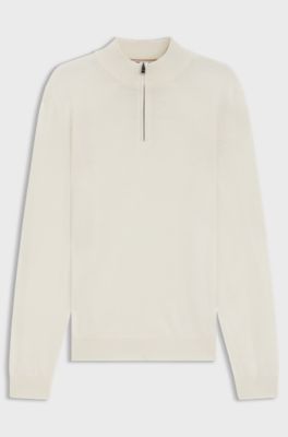 Zip-neck sweater in virgin wool, Natural