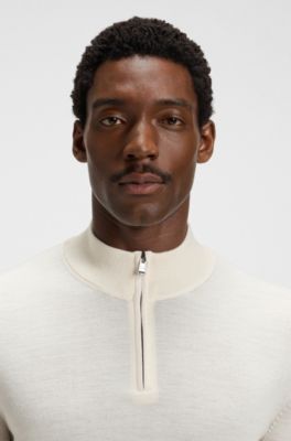 Zip-neck sweater in virgin wool, Natural