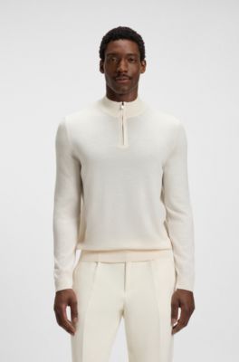Zip-neck sweater in virgin wool, Natural
