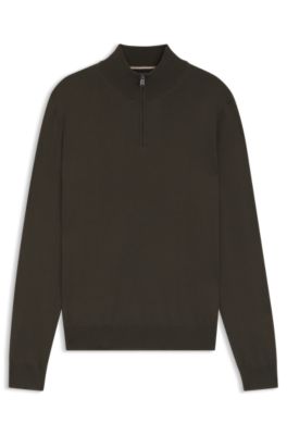 Zip-neck sweater in virgin wool, Dark Brown