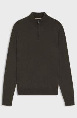 Zip-neck sweater in virgin wool, Dark Brown