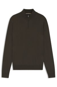 Zip-neck sweater in virgin wool, Dark Brown