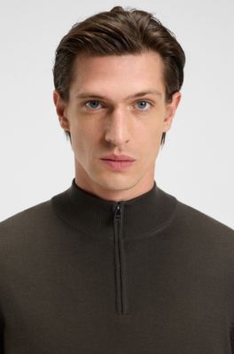 Zip-neck sweater in virgin wool, Dark Brown