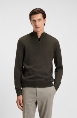 Zip-neck sweater in virgin wool, Dark Brown