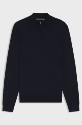 Zip-neck sweater in virgin wool, Dark Blue