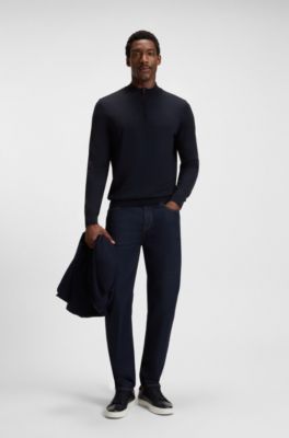 Zip-neck sweater in virgin wool, Dark Blue