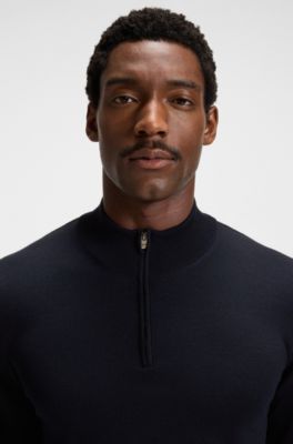 Zip-neck sweater in virgin wool, Dark Blue