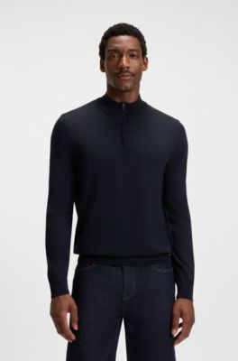 Zip-neck sweater in virgin wool, Dark Blue