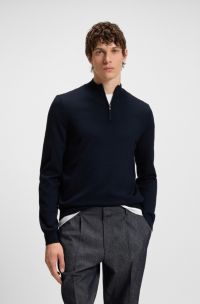 Zip-neck sweater in virgin wool, Dark Blue