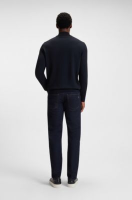 Zip-neck sweater in virgin wool, Dark Blue
