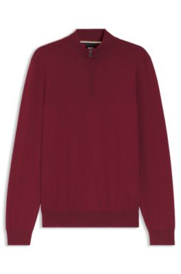 Zip-neck sweater in virgin wool, Dark Red