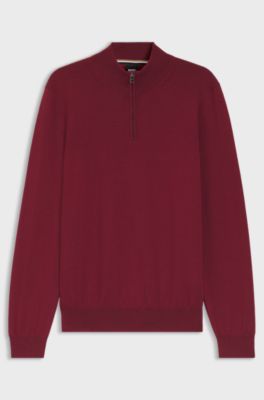 Zip-neck sweater in virgin wool, Dark Red