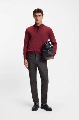 Zip-neck sweater in virgin wool, Dark Red