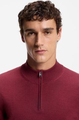 Zip-neck sweater in virgin wool, Dark Red