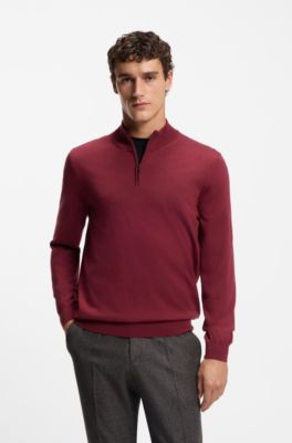 Zip-neck sweater in virgin wool, Dark Red