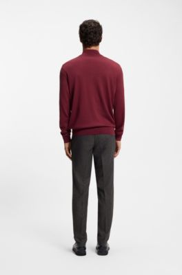Zip-neck sweater in virgin wool, Dark Red