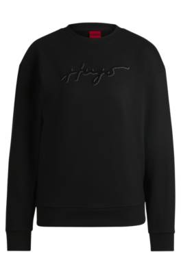 Hugo Cotton-terry Sweatshirt With Flock Print And Rhinestones In Black