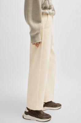 Relaxed-fit high-waisted trousers in velvet corduroy, Natural