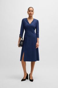 Robe à col V en flanelle stretch, Bleu