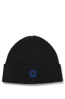 Wool-blend beanie with Happy HUGO badge, Black