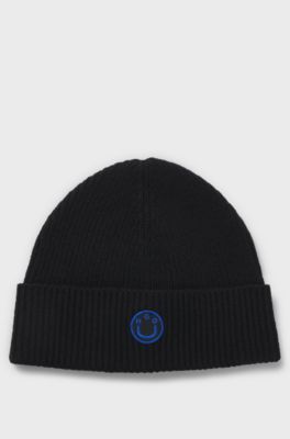 Wool-blend beanie with Happy HUGO badge, Black