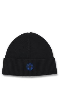 M&uuml;tze aus einem Woll-Mix mit Happy HUGO Aufn&auml;her, Schwarz