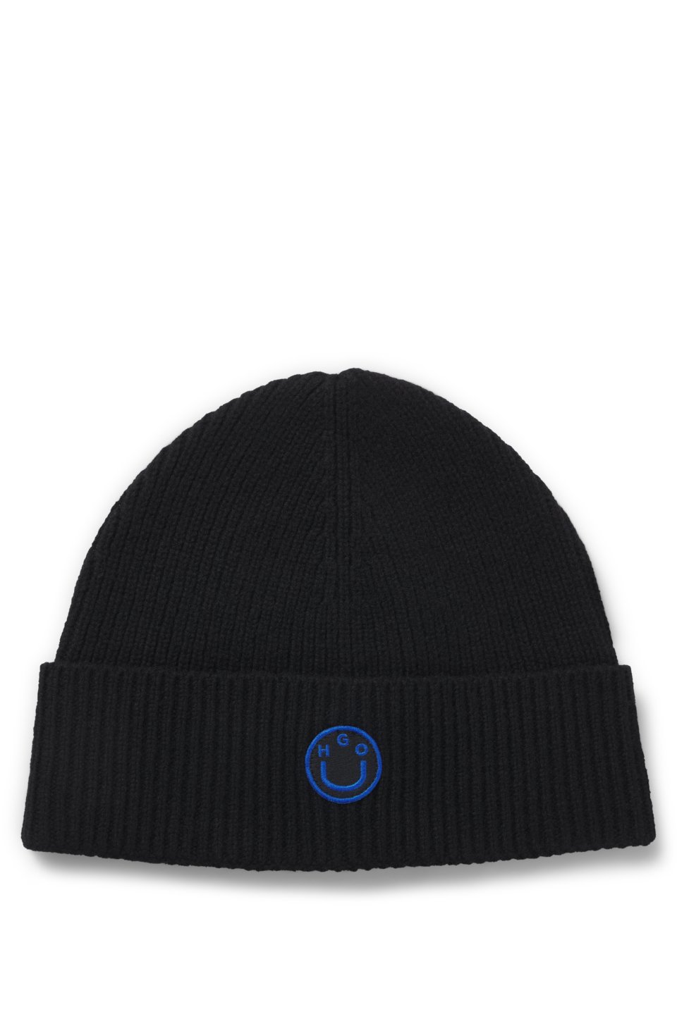 Wool-blend beanie with Happy HUGO badge