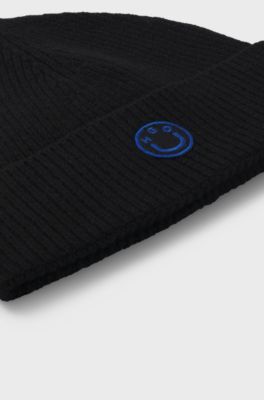 Wool-blend beanie with Happy HUGO badge, Black
