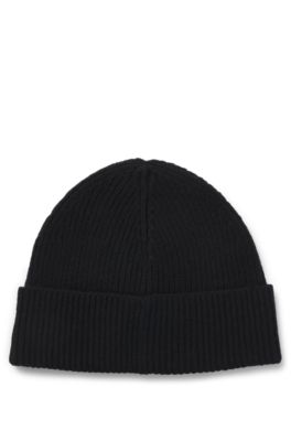 Wool-blend beanie with Happy HUGO badge, Black