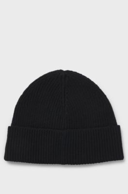 Wool-blend beanie with Happy HUGO badge, Black