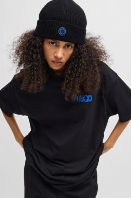 Wool-blend beanie with Happy HUGO badge, Black