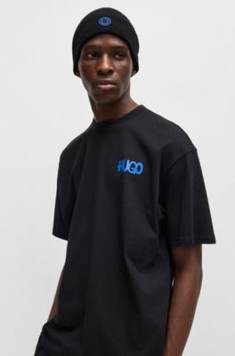 Wool-blend beanie with Happy HUGO badge, Black