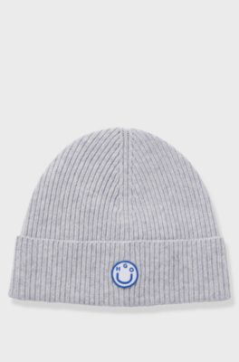 Wool-blend beanie with Happy HUGO badge, Light Grey