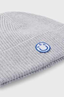 Wool-blend beanie with Happy HUGO badge, Light Grey