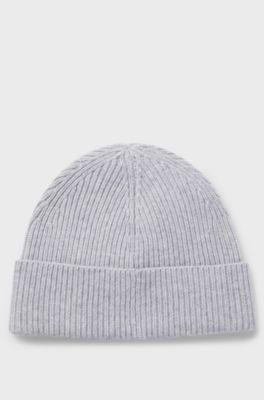 Wool-blend beanie with Happy HUGO badge, Light Grey