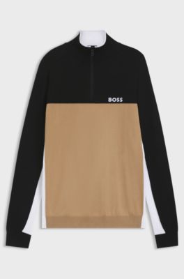 Cotton-blend regular-fit sweater with colour-blocking, Black  /  White  /  Beige