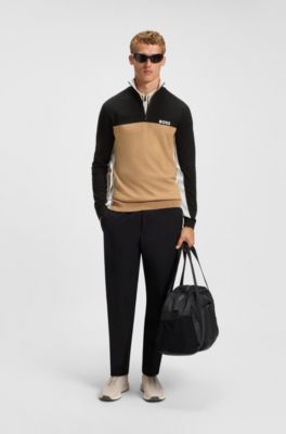 Cotton-blend regular-fit sweater with colour-blocking, Black  /  White  /  Beige