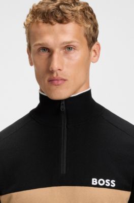 Cotton-blend regular-fit sweater with colour-blocking, Black  /  White  /  Beige
