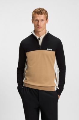 Cotton-blend regular-fit sweater with colour-blocking, Black  /  White  /  Beige