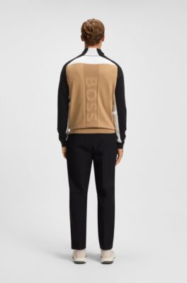Cotton-blend regular-fit sweater with colour-blocking, Black  /  White  /  Beige